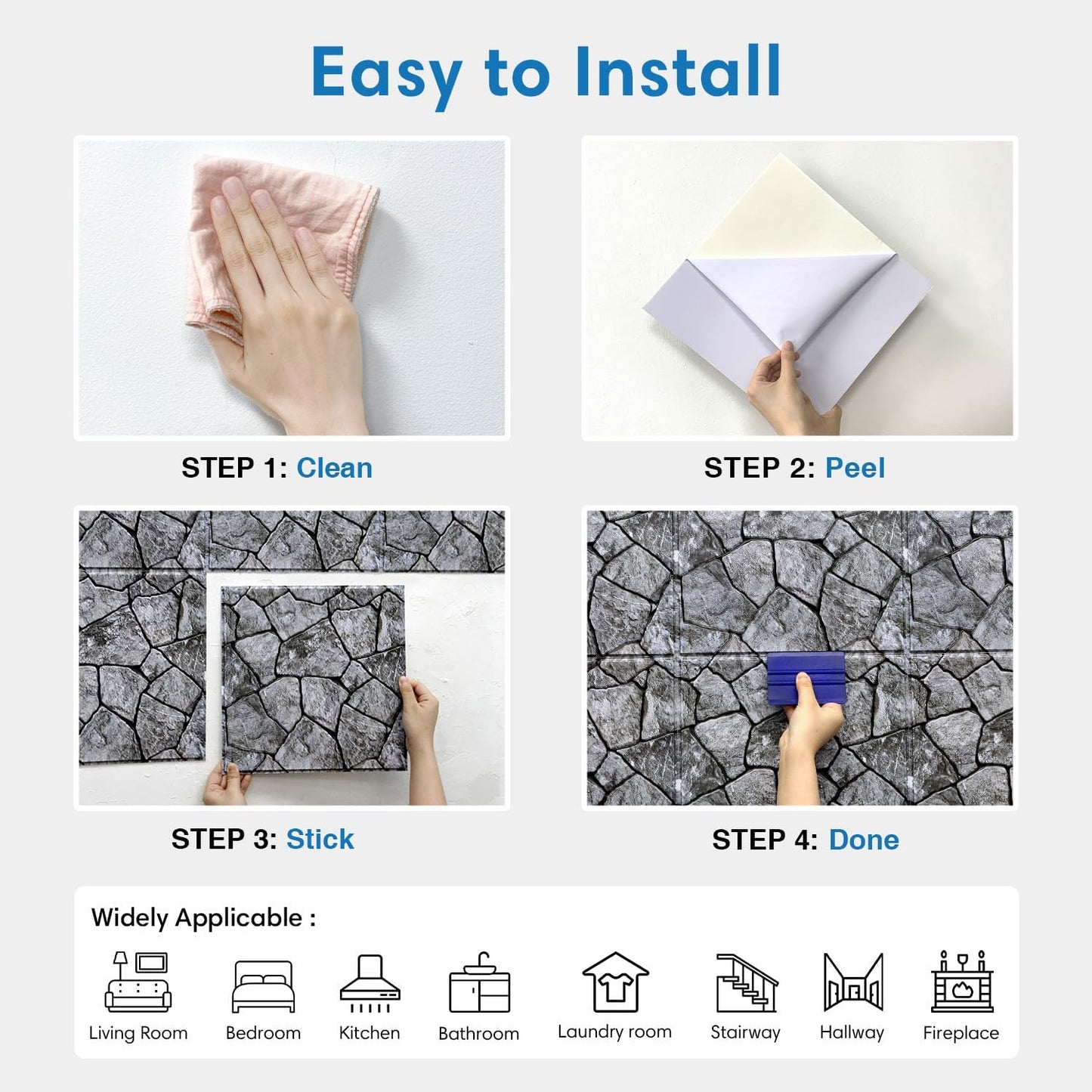 COMSTICKC 3D Faux Gray Stone Wall Sticker Peel and Stick Wall Panels,10 Pcs of 12"X12",Ultra-Light Thin PVC Decorative Tiles Rocks Stone Backsplash Interior Decor,Paintable