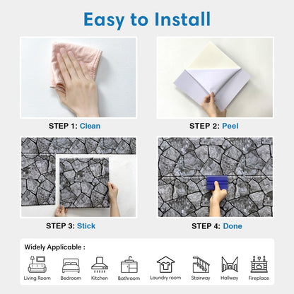 COMSTICKC 3D Faux Gray Stone Wall Sticker Peel and Stick Wall Panels,10 Pcs of 12"X12",Ultra-Light Thin PVC Decorative Tiles Rocks Stone Backsplash Interior Decor,Paintable
