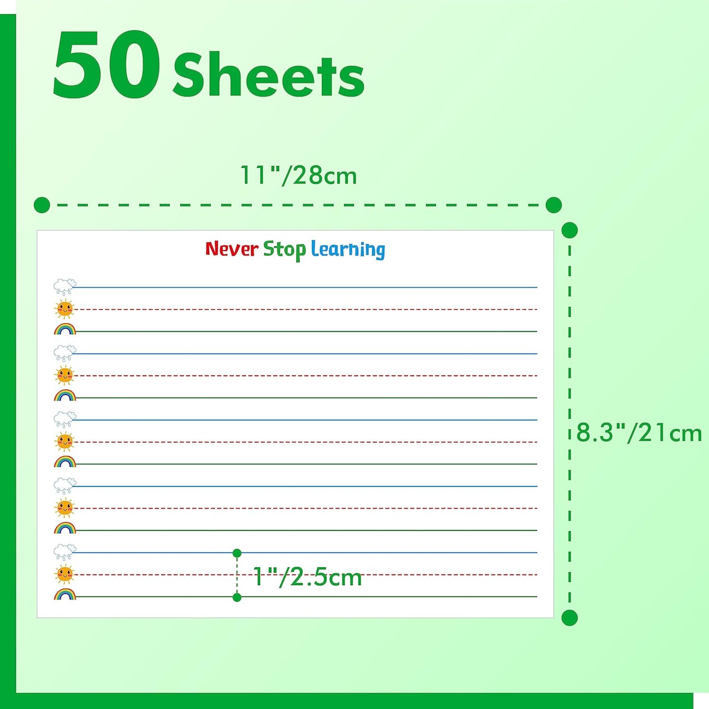 100 Sheets Ruled Writing Paper, Double-Sided Printing Skip-A-Line Ruled Writing Paper with Dotted Lines Handwriting Practice Paper 1” line spacing for Kindergarten Toddlers Kids (11” x 8.3”)