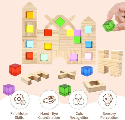 Wooden Building Blocks Set for Kids, 60 PCS Rainbow Acrylic Gem Cubes Stacking Blocks, Montessori Stacking Toy for Toddlers Educational Toy Early Learning Gifts for Boys Girls 3-6 (60)