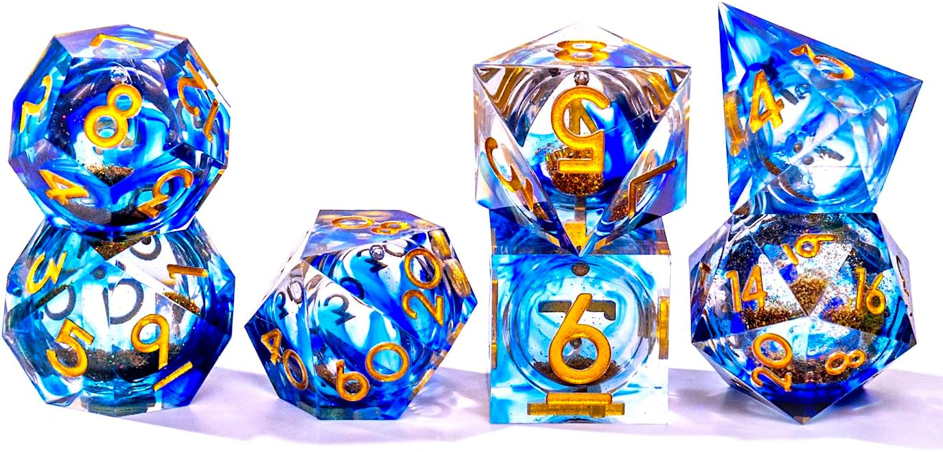 Liquid Core DND Dice Set, 7pcs Sharp Edge Dice for Role Playing Dungeons and Dragons Ttrpg with Gift Box, Handmade Resin D&D Dice RPG Role Playing Games Dice Set(Blue Gold)