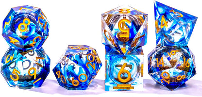 Liquid Core DND Dice Set, 7pcs Sharp Edge Dice for Role Playing Dungeons and Dragons Ttrpg with Gift Box, Handmade Resin D&D Dice RPG Role Playing Games Dice Set(Blue Gold)