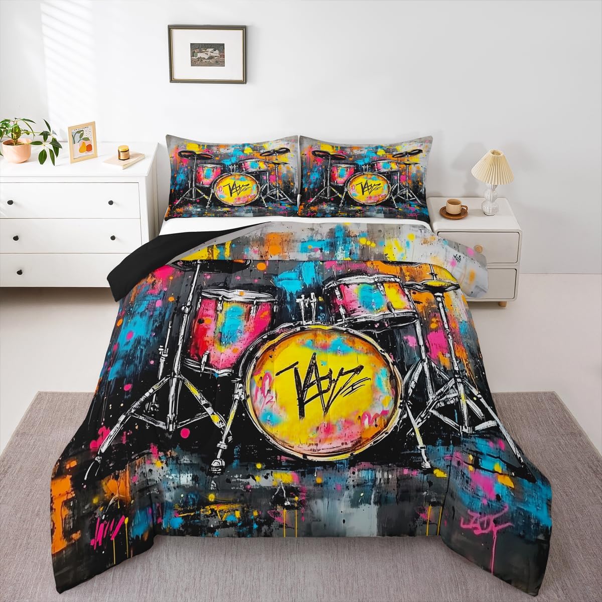Erosebridal Drum Kit 3D Print Kids Comforter Sets Rock Music Themed Full Bedding Set for Boys Girls Musical Pattern Comforter Set,Colorful Retro Style Quilt Duvet 3 Pcs