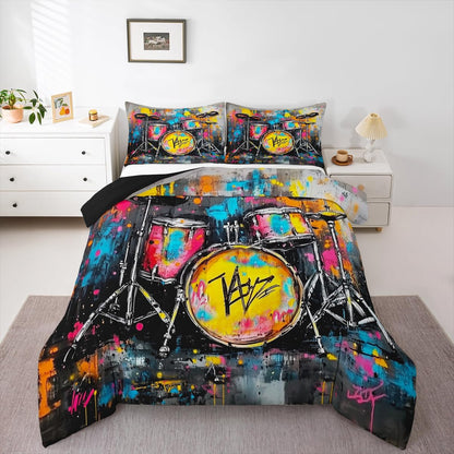 Erosebridal Drum Kit 3D Print Kids Comforter Sets Rock Music Themed Full Bedding Set for Boys Girls Musical Pattern Comforter Set,Colorful Retro Style Quilt Duvet 3 Pcs