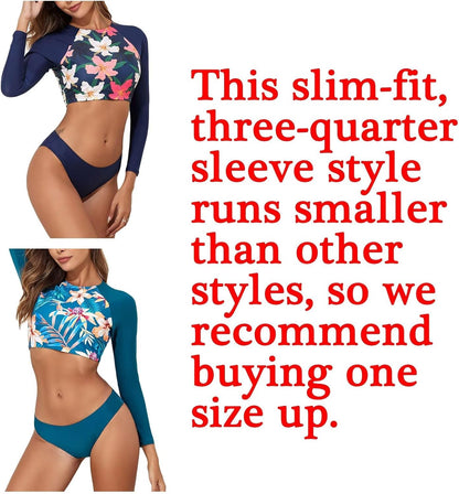JadeRich Women's Fashion Pattern Long Sleeve Tankini Sets UPF 50+ Rash Guard Swimsuit Sun Block Swimwear