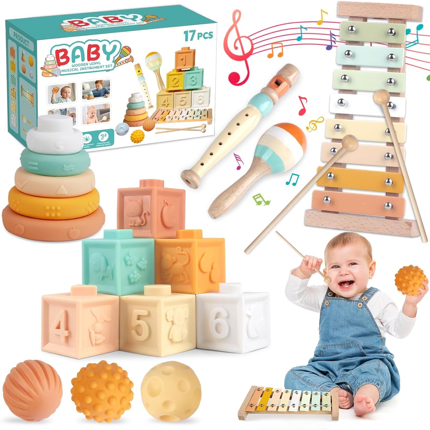 Wuzhineisn Baby Toys 6-12 Months Montessori Toys 6 in 1 Musical Instruments for Toddler, Stacking Blocks Development Learning Educational Toy with Wooden Xylophone Infant Baby Birthday Easter Gift