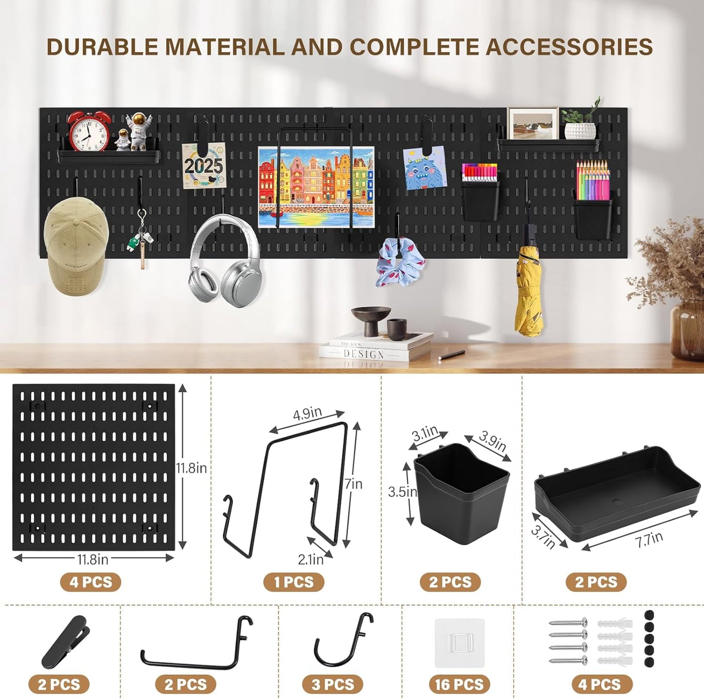 AKTOP Peg Board Wall Organizer 4-Pack – 12"x12" White Pegboard Combination Kit with 13 Accessories for Wall, Plastic Peg Board Panels for Home, Office, Garage Tool Storage & Craft Room
