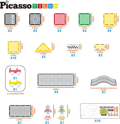 PicassoTiles 50pc Racecar Track Magnetic Tiles Educational Kids Toy with 2 Light Up Trucks STEM Preschool Learning Magnet Tile Toddler Toys Boys Girls Ages 3+ Blocks Game Puzzles Build Playset PTR50