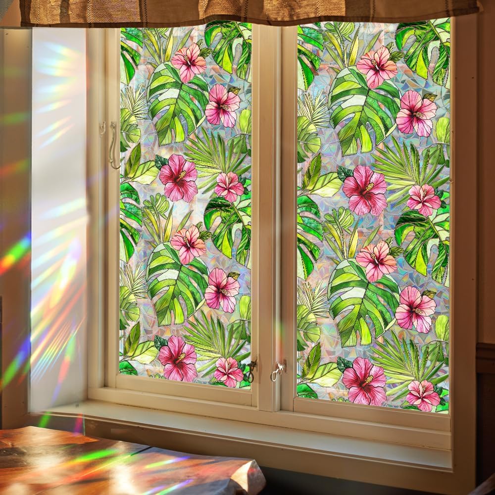 Flower Stained Glass Window Film Decorative Static Cling Stickers Sun Blocking Privacy Decals for Home Car White Lily