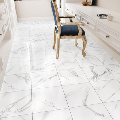 Wallercity White Marble Peel and Stick Vinyl Floor Tiles 6-Pack 12x12 Inches Self Adhesive Waterproof Flooring Planks for Bathroom Kitchen Bedrooms Stick on Floor Tiles Laminate Sheets Vinyl Flooring