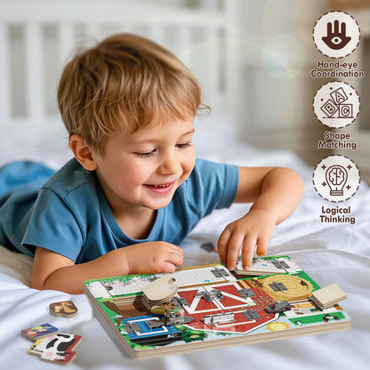 Wooden Latches Busy Board for 1-4 Year Old, Montessori Sensory Toys for Toddler, Farm Theme Educational Busy Book for Kids, Activity Board Gift for Kids
