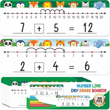 Jauisus 30 Pcs Number Line Dry Erase Whiteboard Card, 4”x12” Double Sided Dry Erase Board 0-10 on One Side 0-20 on Other Side, Students Home Classroom Must Haves Math White Board