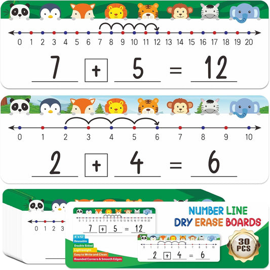 Jauisus 30 Pcs Number Line Dry Erase Whiteboard Card, 4”x12” Double Sided Dry Erase Board 0-10 on One Side 0-20 on Other Side, Students Home Classroom Must Haves Math White Board