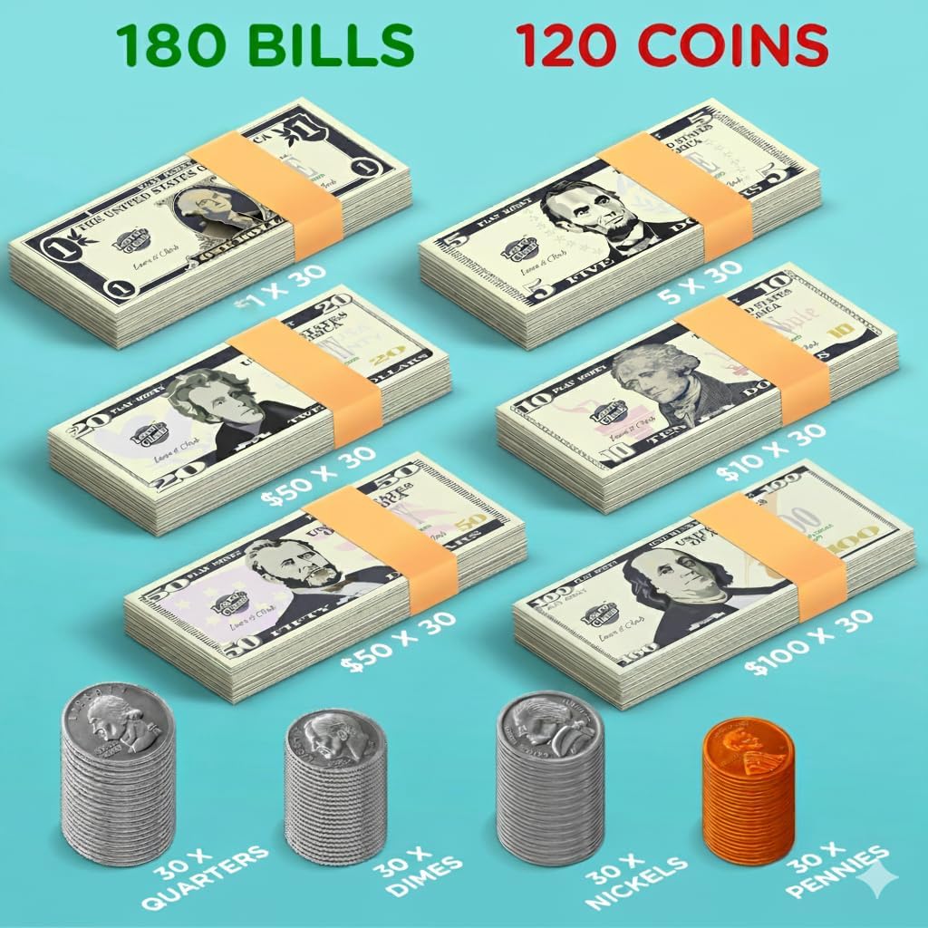 Play Money Set for Kids, Fake Pretend Cash – Looks Real, Best Toy Currency for Fun and Learning – Kit Includes: Bills, Coins, Credit Card, and Checkbook