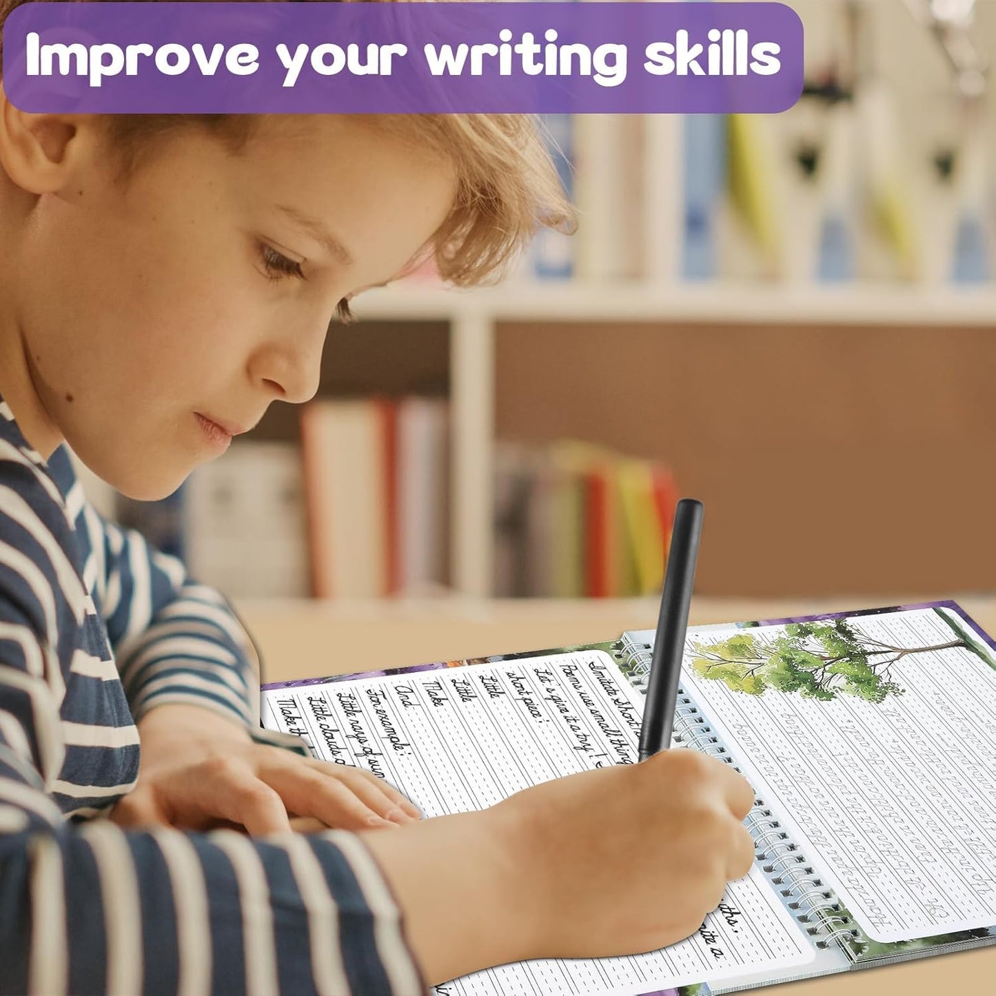 gisgfim Grooved Cursive Handwriting Workbook Magic Reusable Grooved Cursive Handwriting Practice Guided Tracing with Disappearing Ink Pens for Beginners Kids Learning Activities Supplies (Sentence)