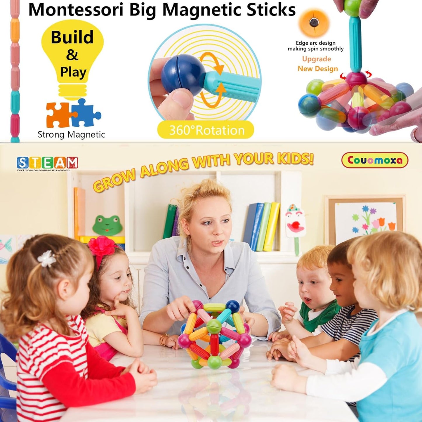 COUOMOXA Magnetic Toy Montessori for Kids: 3 4 5 6 7 8 9 10 11 12 Years Old Kids Building Sticks - Magnetic Creative Toy Age 3-12 Playroom Family - Christmas Birthday Gift for Boys Girls