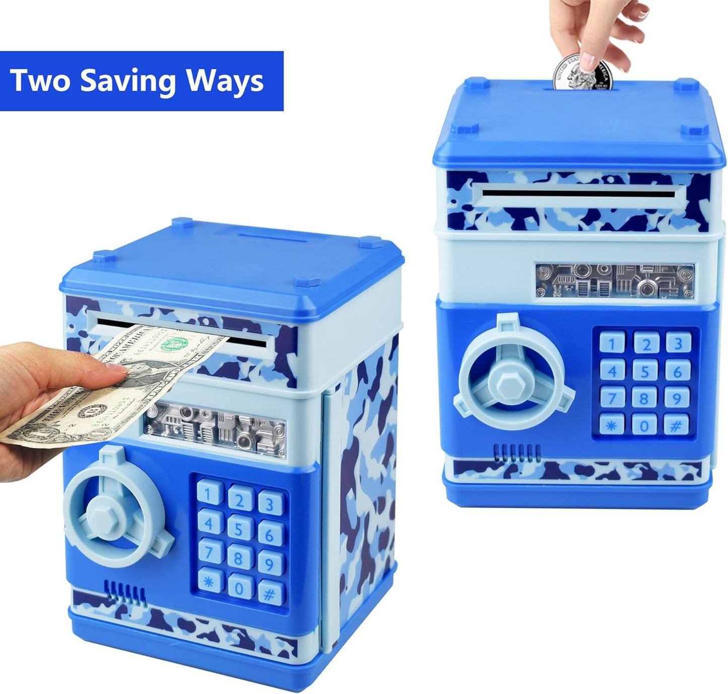 HUSAN Piggy Banks Money Banks for Kids, Electronic Password Code Money Banks ATM Banks Box Coin Bank for Children Boys and Girls (Grey Bue)