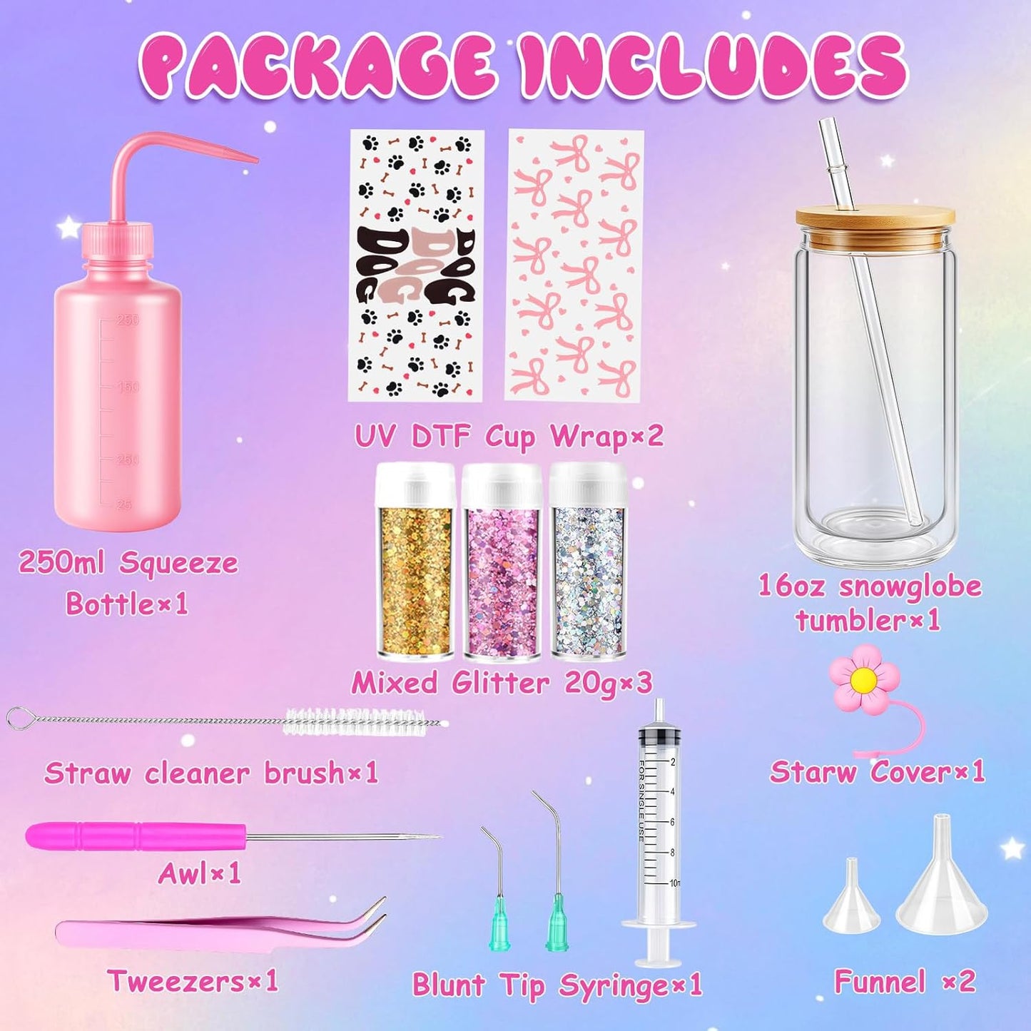 kiddgroo Snow Globe Tumbler Supplies, 25 Pcs DIY Snowglobe Cup Set– Includes 16oz Double-Wall Acrylic Tumbler, Cup Cradle, UV DTF Wraps, Craft Glitter & DIY Tools,Mothers Day Gifts