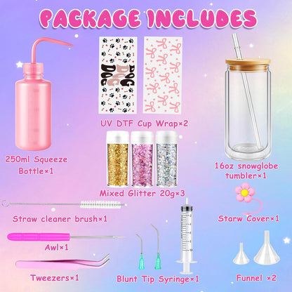 kiddgroo Snow Globe Tumbler Supplies, 25 Pcs DIY Snowglobe Cup Set– Includes 16oz Double-Wall Acrylic Tumbler, Cup Cradle, UV DTF Wraps, Craft Glitter & DIY Tools,Mothers Day Gifts