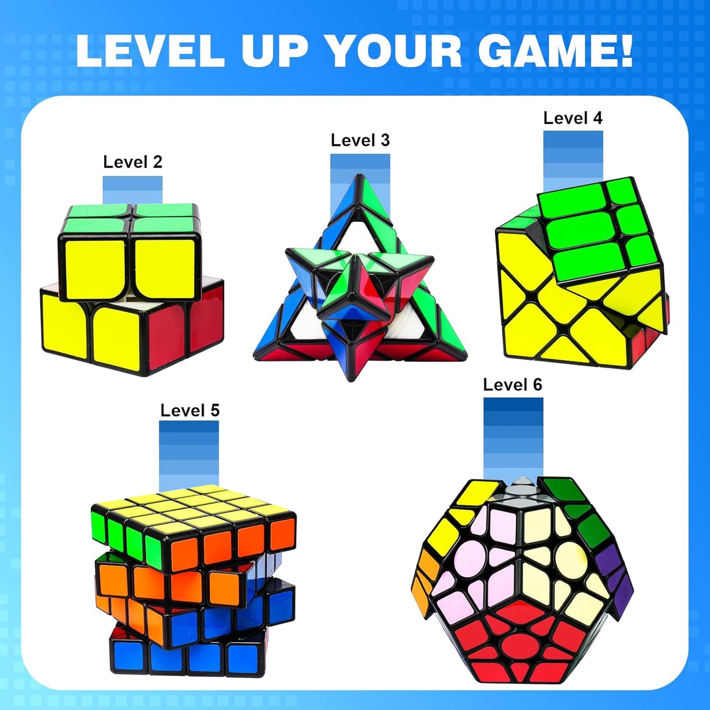 AuntyFey 5 Pack Magic Speed Cube Set - 2x2, 3x3, 4x4, Triangle Megaminx Speed Cubes for Kids & Adults