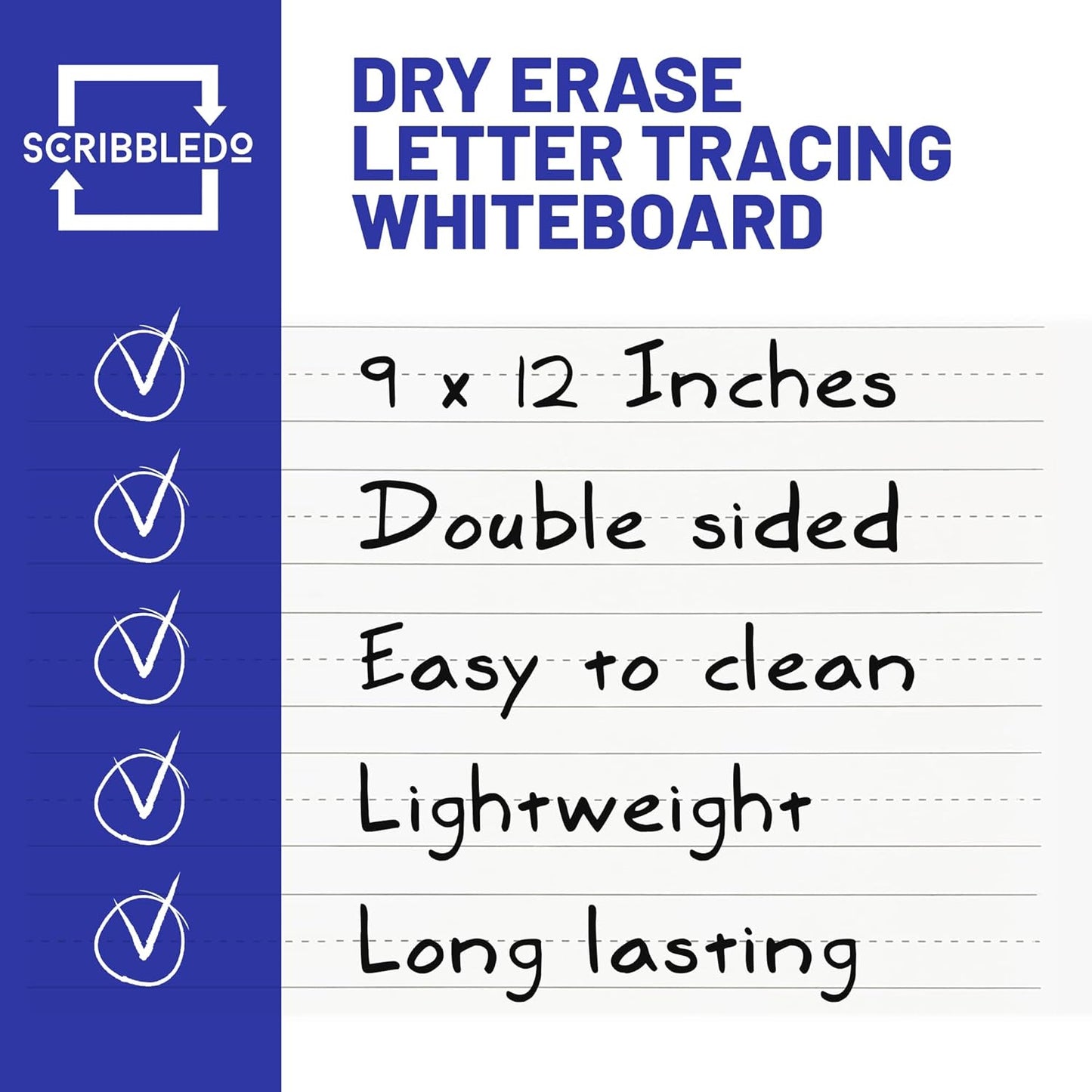 Scribbledo 5 Pack Dry Erase Handwriting Practice for Kids 9 x 12 Inch Letter Alphabet Tracing Board Whiteboard for Kids Ages 3-5 Write and Wipe Alphabet Practice Cards Letters & Erasers