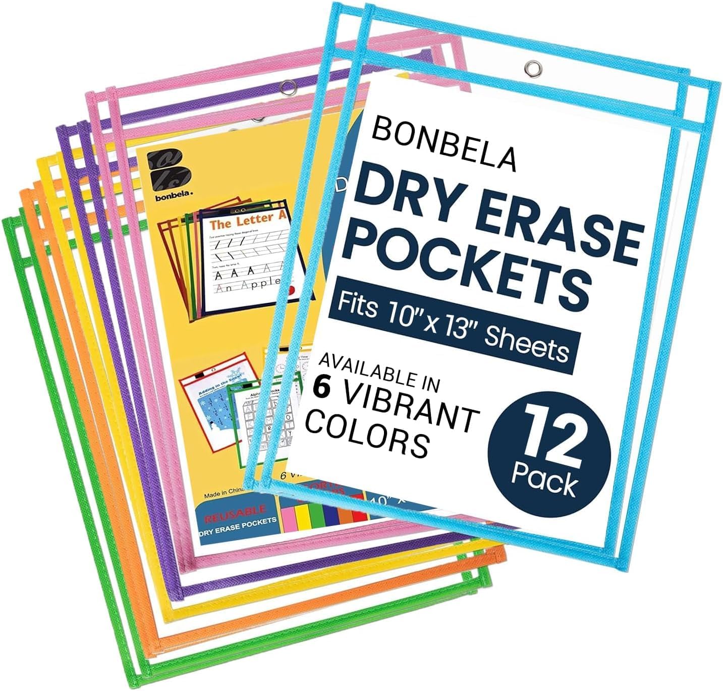 Dry Erase Pockets - 10 x 13 Reusable Dry Erase Pocket Sleeves for Work & School Worksheets - Heavy Duty Clear Pocket Sleeves - Quickly Wipe to a Flawless Clean (50 Pack Multicolor)