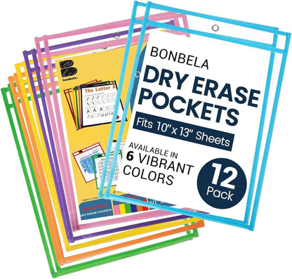 Dry Erase Pockets - 10 x 13 Reusable Dry Erase Pocket Sleeves for Work & School Worksheets - Heavy Duty Clear Pocket Sleeves - Quickly Wipe to a Flawless Clean (50 Pack Multicolor)