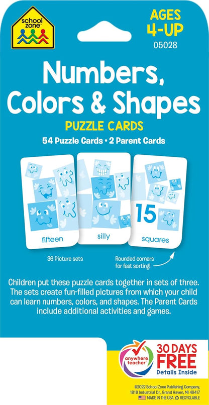 School Zone Numbers, Colors & Shapes Puzzle Cards: 56 Flash Cards, Pre-K, Preschool, Kindergarten, 18 Full-Color Puzzles, Animal Pictures, Animal Names, Counting, Early Math, Short Sentences, Ages 4+