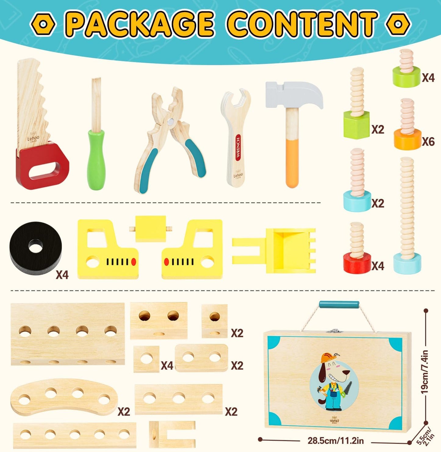 Lehoo Castle Kids Tool Set with Toolbox, Wooden Toys for 3 4 5 Years Old Boy Birthday Gift, Construction Play Tools, STEM Learning Toys for Preschooler, Pretend Play Gifts for Christmas