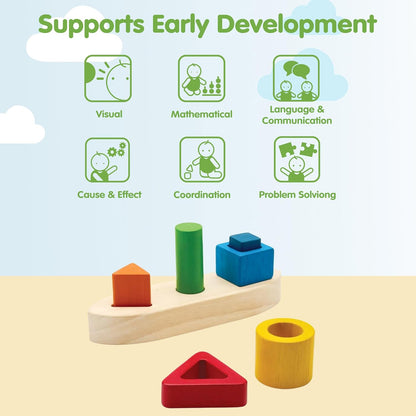 PlanToys® Sorting Boat Toy | Wooden Shape Sorter Toy for Toddlers 3+ | Montessori Educational Boat Puzzle with 6 Blocks | Develops Fine Motor Skills, Shape Matching & Problem-Solving