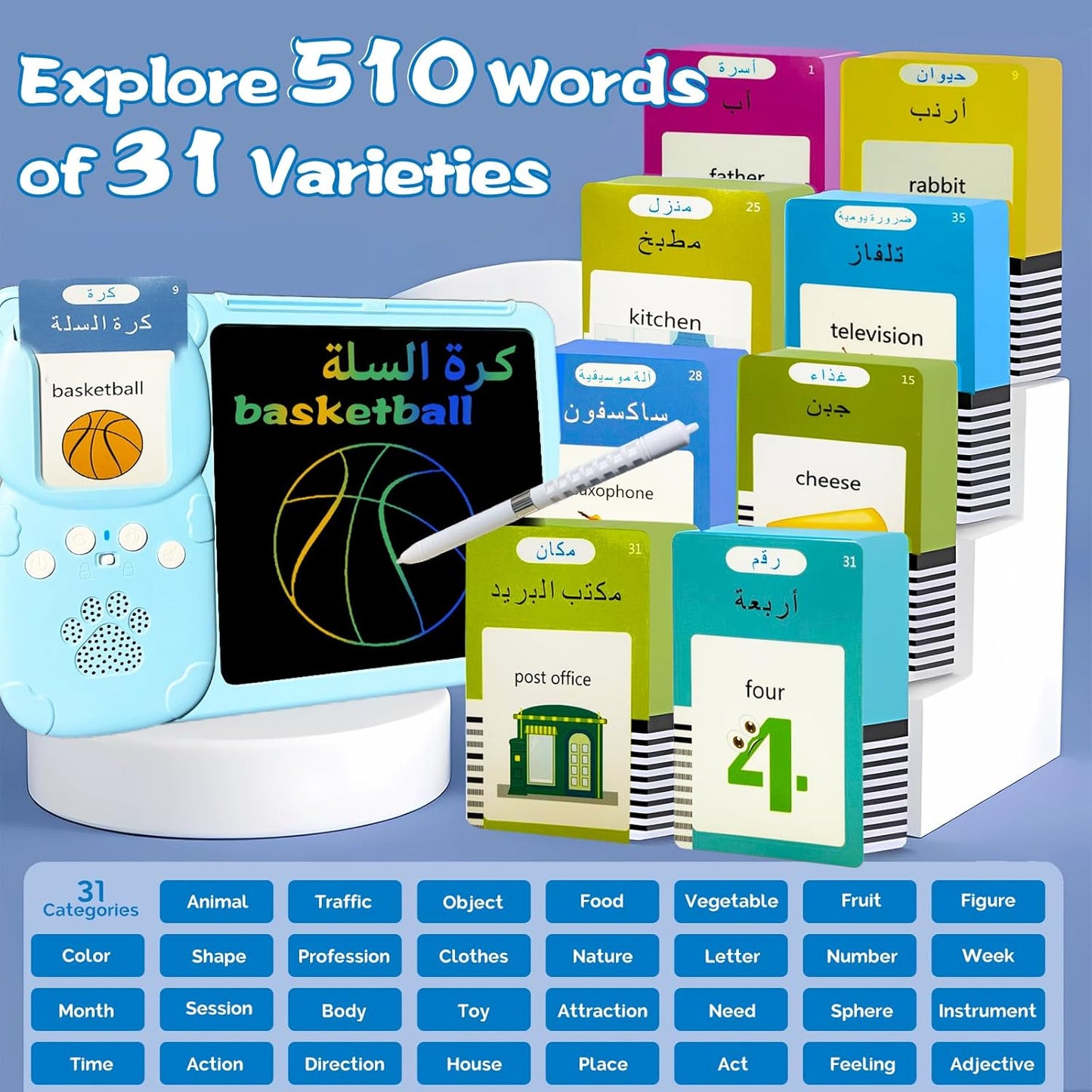 Talking English & Spanish Flash Cards - 8" LCD Writing Tablet for Kids 3-12, Bilingual 510 Sight Words, Toddler Pocket Speech, Drawing Sketch Pad, Autism Toys for Boys (Spanish, Blue)
