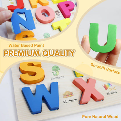 MAYAPHILOS Wooden Alphabet Puzzle, Learn Spanish for Kids with 27 Spanish Letters, Colorful ABC Shape Puzzles for Kids, Preschool Educational Learning Toys for Girls and Boys