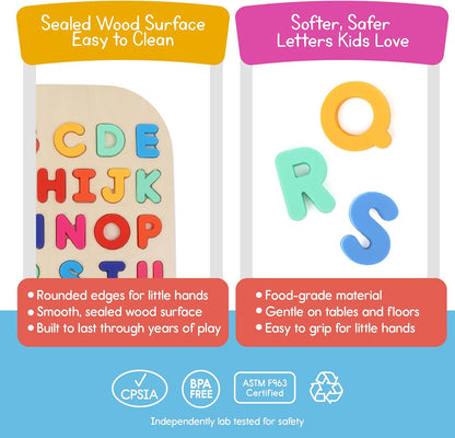 Uppercase Alphabet Puzzle for Kids, Sensory Bin Insert for Sensory Tables, Silicone Letters, Wooden Fine Motor Learning Toy by 7 Days of Play