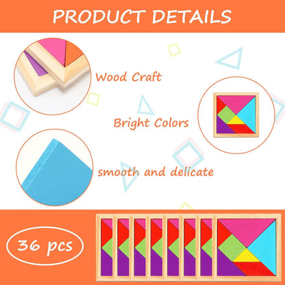 Shappy 36 Pieces Wooden Tangram Puzzles for Kids Educational Shape Puzzle Toys Geometric Pattern Brain Logic Puzzle Blocks for Students Educational Activities Back to School Gifts(Novelty Style)