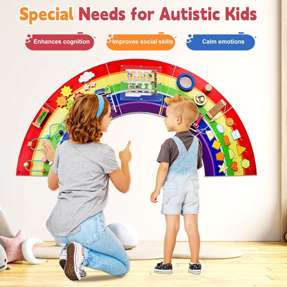 Rainbow Sensory Wall Panel for Toddlers 1-3 - Large Wooden Busy Board Wall Mount - 13-in-1 Montessori Activity Center for Daycare, Autism Sensory Room, Preschool Learning & Nursery Decor