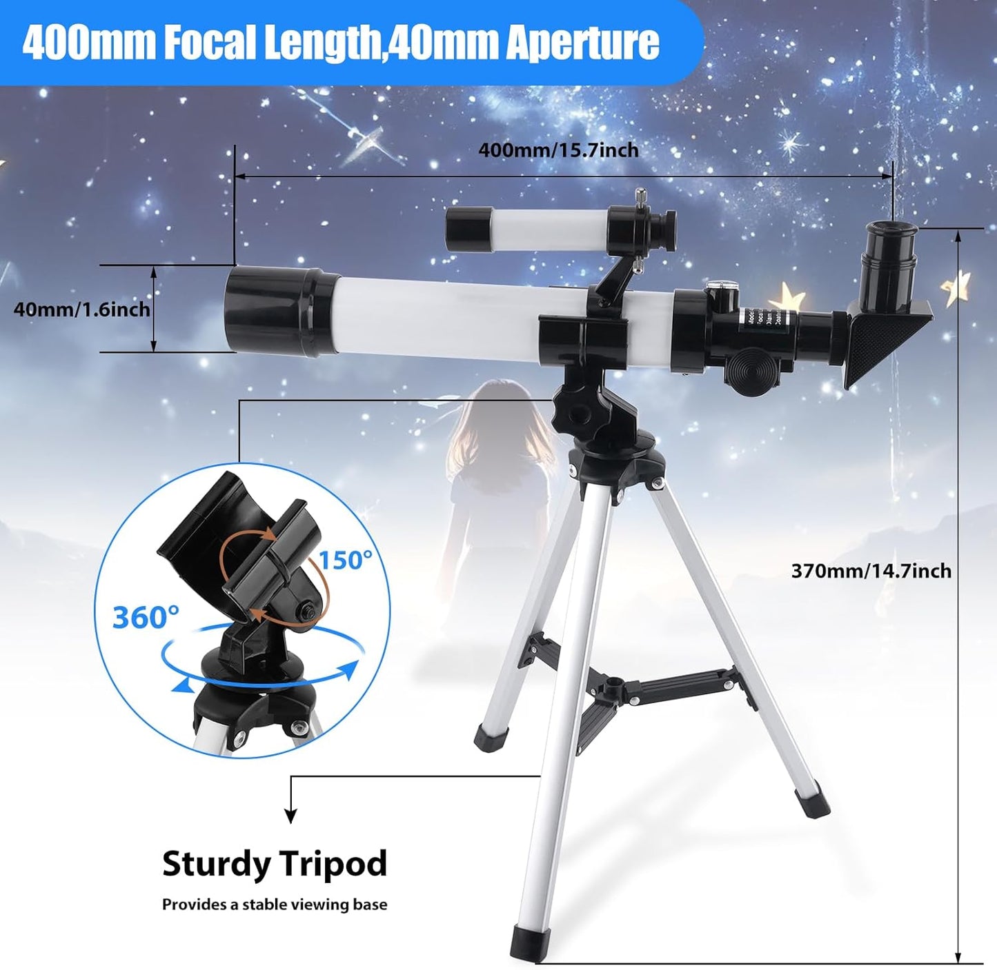 Telescope for Kids & Beginners 40mm Aperture 400mm AZ Mount Astronomical Refracting Telescope with Finder Scope Compass and Tripod