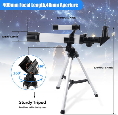 Telescope for Kids & Beginners 40mm Aperture 400mm AZ Mount Astronomical Refracting Telescope with Finder Scope Compass and Tripod