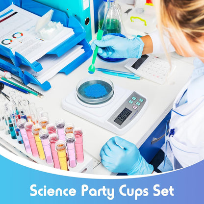 Jingmore 36 Pcs Science Party Theme Cups Set with Silly Loop Straws Science Stickers Plastic Reusable Small Conical Flask Bottles Test Tubes for Birthday Party Decorations(Spherical Bottles)