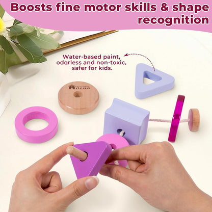 Blue Montessori Stringing Beads Set, Montessori Wooden Beads Threading Toy for Toddlers 1 2 3 Years Old, Fine Motor Skills Educational Learning Toys for Preschool Kids Gifts (Purple)