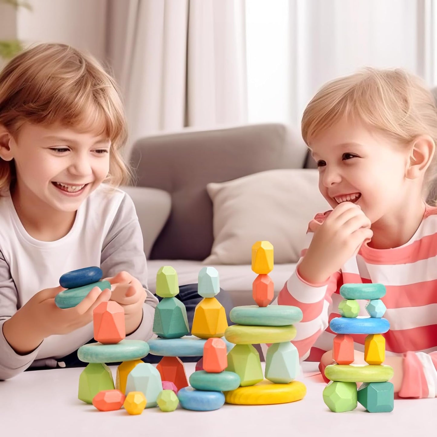 OESSUF Stacking Rocks 48Pcs Stacking Blocks Balancing Stacking Stones Wooden Building Toys Wood Stone Stacking Game for Toddler Sorting Preschool Educational Montessori Stacking Rocks for Kids