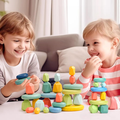 OESSUF Stacking Rocks 48Pcs Stacking Blocks Balancing Stacking Stones Wooden Building Toys Wood Stone Stacking Game for Toddler Sorting Preschool Educational Montessori Stacking Rocks for Kids