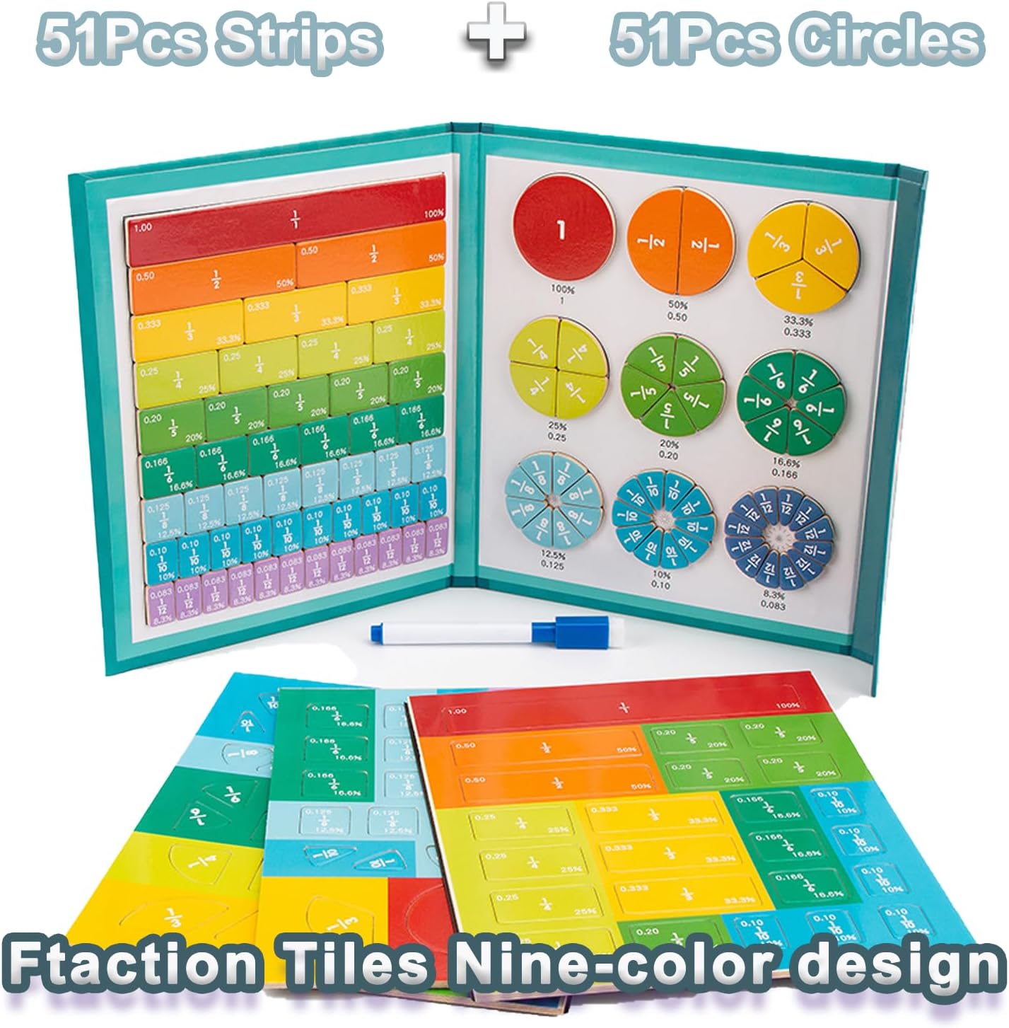 Magnetic Fraction Demonstration Book, Fractions Manipulatives with Fraction Tiles & Magnets,STEM Math Magnetic Fraction Disc Set-102 Pcs