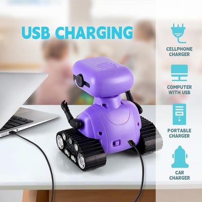 Playsheek Rechargeable Emo Robot with Auto-Demonstration - Remote Control Smart Robot Toy Gift for Kids Age 3+ - Purple