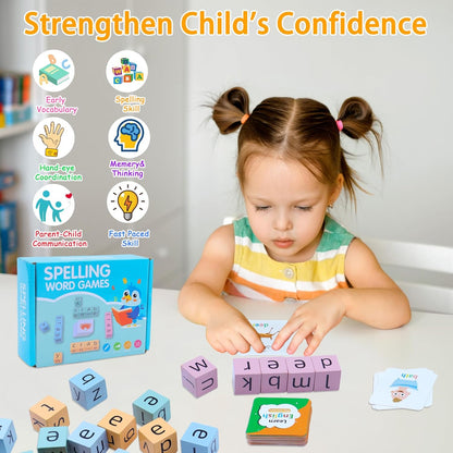 Word Spelling Games, Matching Letter Game for Kids, 20 Wooden Alphabet Blocks with 54 Flashcards, Preschool Learning Activities Toys, Montessori Educational Toys Gifts for Kids Ages 3-8