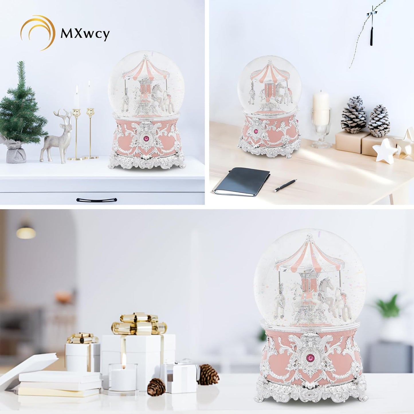 Carousel Music Box Gold & Ivory Christmas Snow Globes, 8.3" Rotate Carousel Snow Globe for Kids & Adults, Classic Wind up Musical Snow Globe Birthday Gifts for Women Girls, Carousel Horse Home Decor