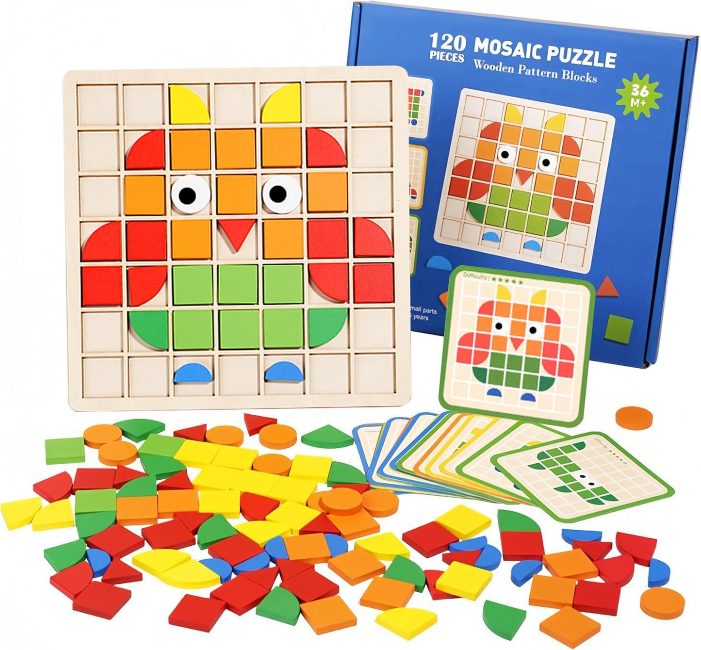 Mosaic Shape Wooden Pattern Blocks Puzzle, 120 PCS Wooden Pattern Blocks with 20 Pcs Reference Cards,Kindergarten Classic Educational Geometric Shape Puzzle Toys for Kids Ages 4-8