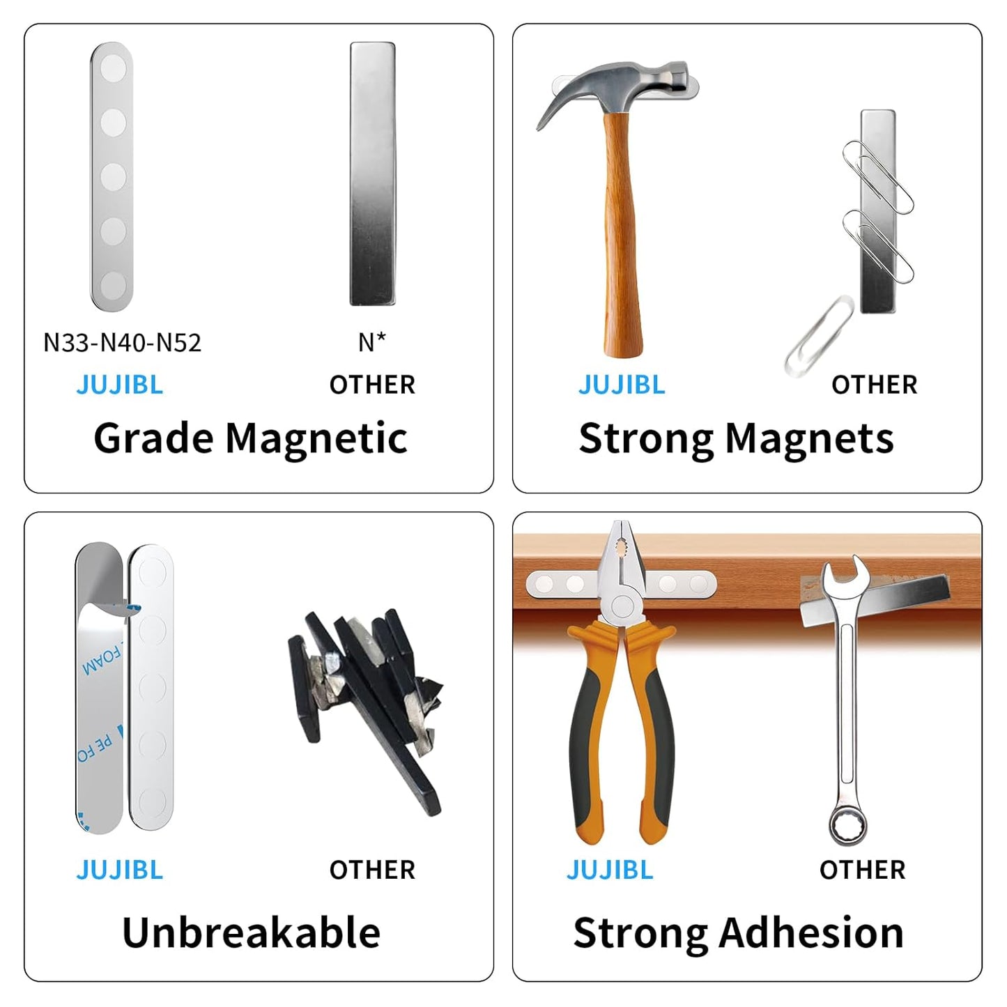Unbreakable Strong Magnets, 12 Pack Self-Adhesive Heavy Duty Neodymium Bar Magnets, Sticky Powerful Rare Earth Magnet for Fridge Tool School Office Home Kitchen DIY Fixing Kit (N52-12PCS)