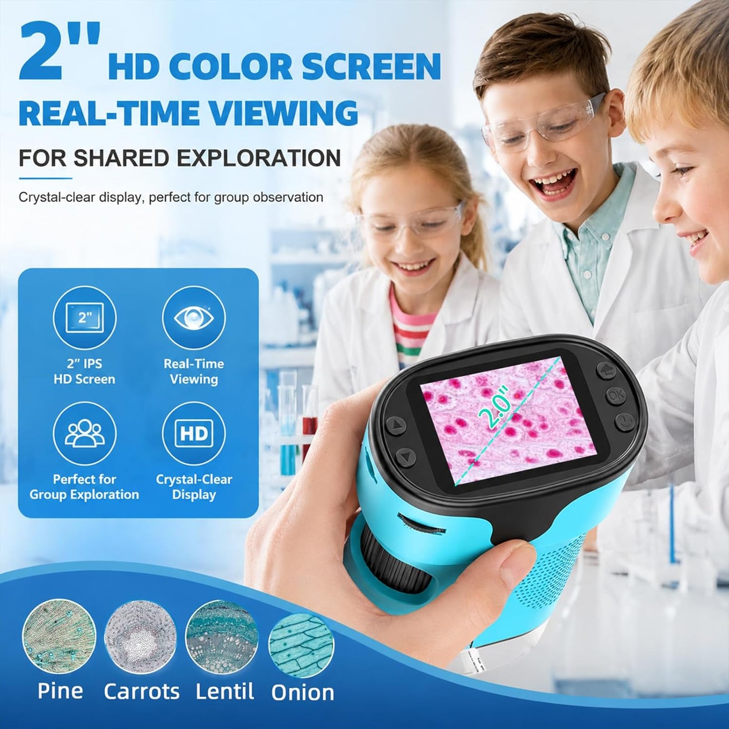 1000X Pocket Microscope for Kids - 4K 2.0" Screen, Digital Mini Scope with Slides Kit, Rechargeable Lab Handheld Portable Microscopes for Kids 4-12 Students Teens