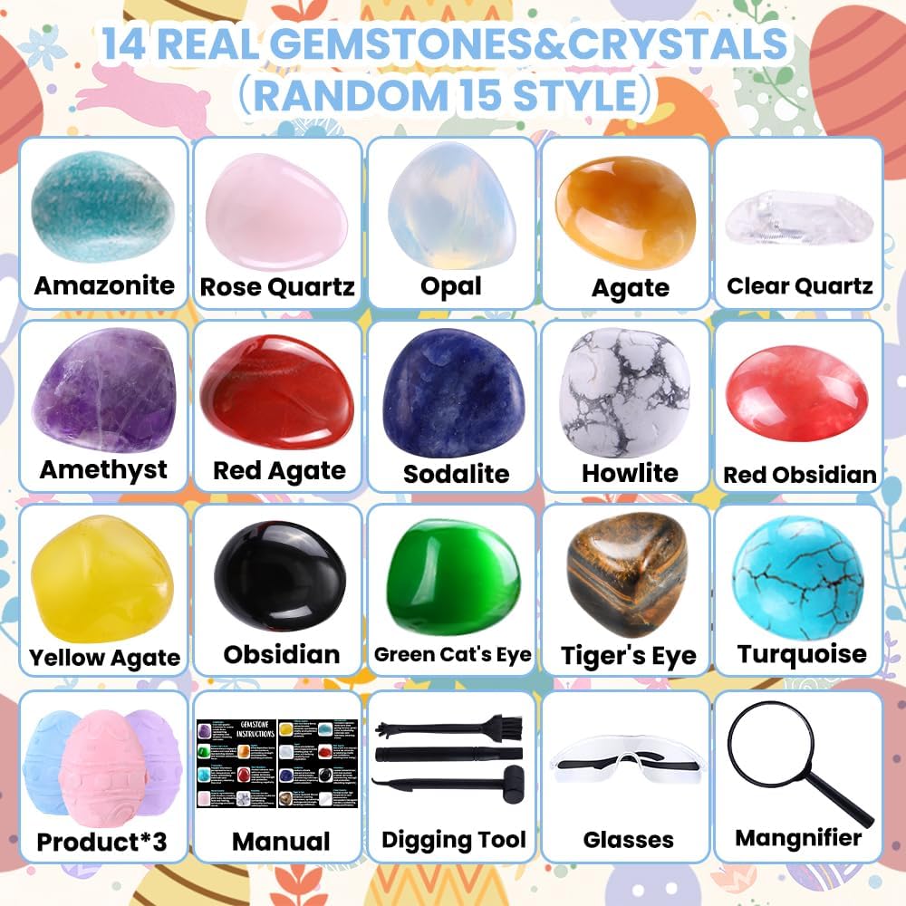 DIYDEC 3 Pack Easter Egg Dig Kit Real Gemstones Excavation Kit for Kids Easter Geology Toys Rock Digging Kit Easter Science Educational Gift for Boys Girls Easter Basket Stuffers Party Favor