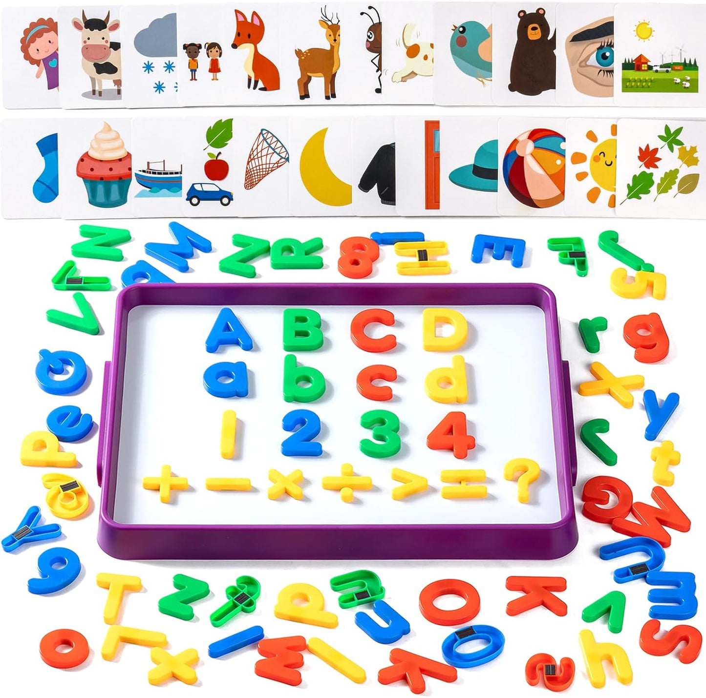 Magnetic Tray with 95 Magnetic Letters & 36 Alphabet Flash Cards – Kids Dry Erase Board, Magnetic Board for Kids & Classroom Learning Tool (Cyan)